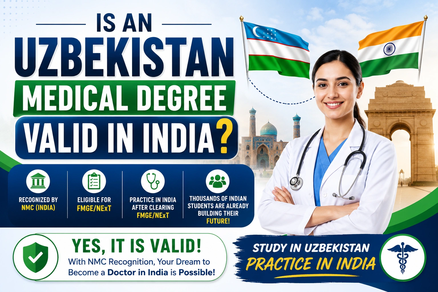 Is an Uzbekistan medical degree valid in India?  create a banner size image make it catchy